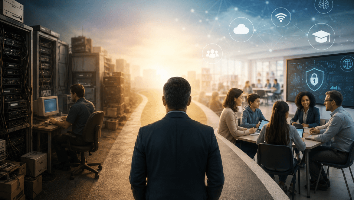 A man in a suit stands between a room of people working with servers and a group collaborating in an office highlighting k 12 technology leadership with digital network icons overlaying the scene