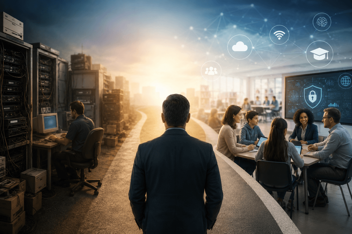 A man in a suit stands between a room of people working with servers and a group collaborating in an office, highlighting K-12 Technology Leadership with digital network icons overlaying the scene.
