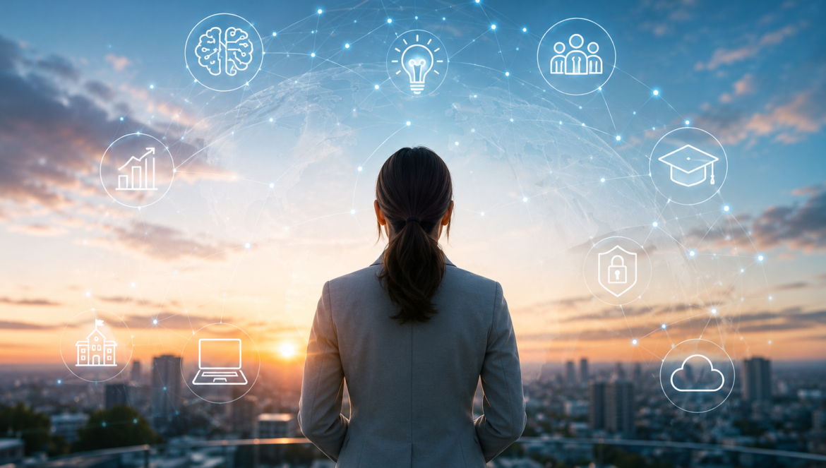 K12 technology leadership is evolving | edcircuit Person in business attire facing a city skyline with a glowing network of icons brain lightbulb graduation cap cloud representing innovation and connectivity