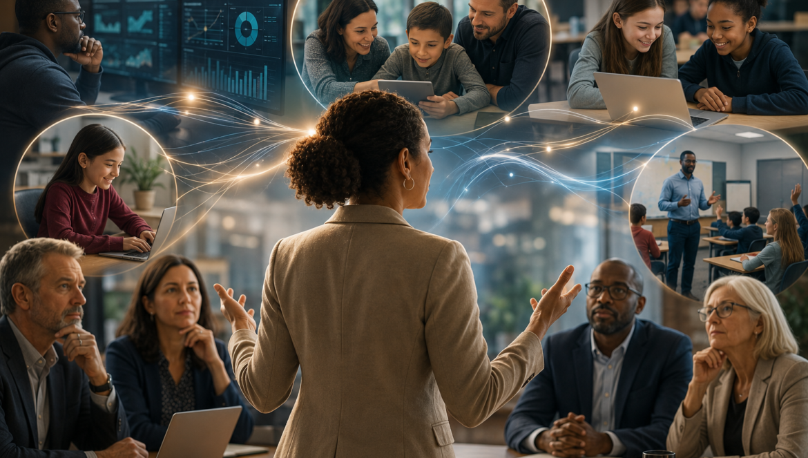 A woman presenting to a diverse conference table glowing data lines connect colleagues in separate scenes