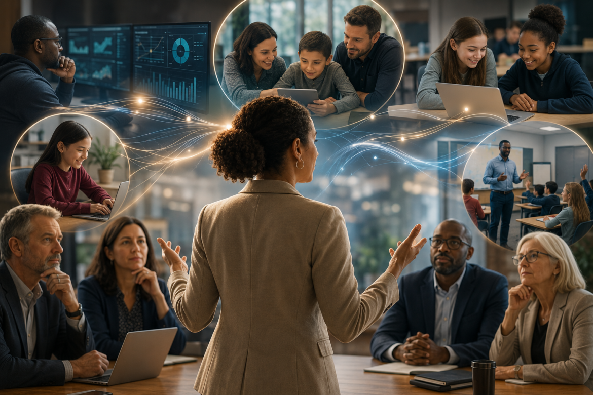 A woman presenting to a diverse conference table; glowing data lines connect colleagues in separate scenes.