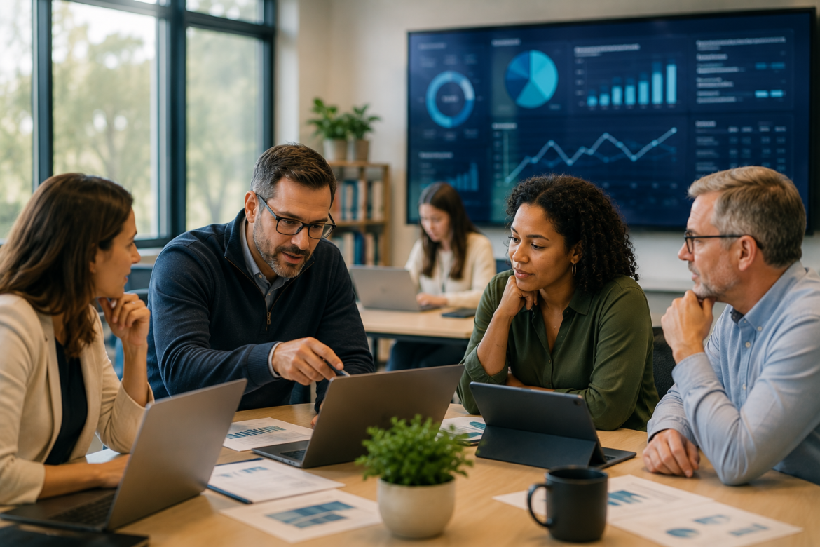 Team of professionals collaborating around a table with laptops and documents, discussing data in a conference room with a large dashboard on the screen behind them