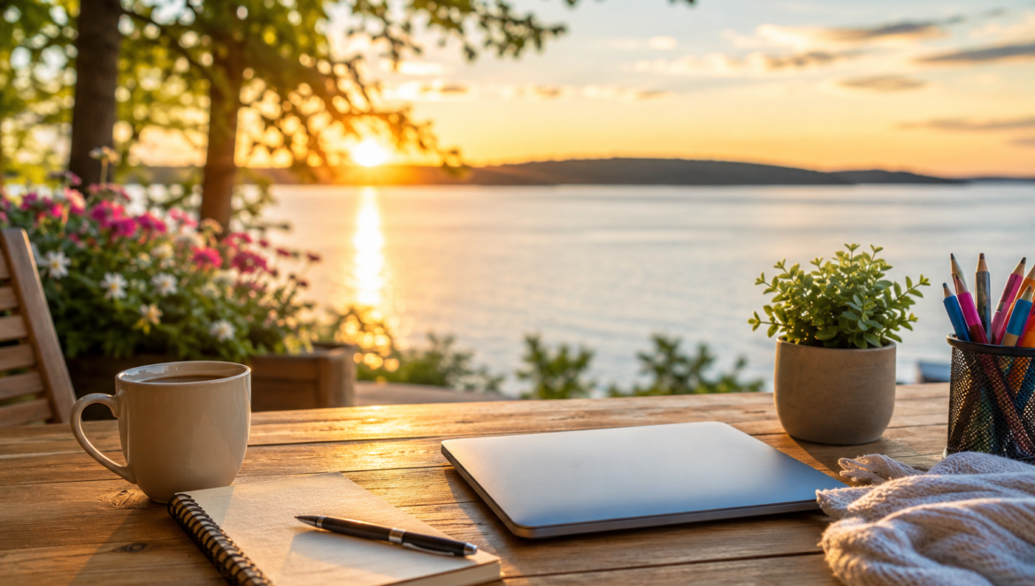 Outdoor wooden desk by a lake at sunset with a laptop notebook mug and potted plant on the table