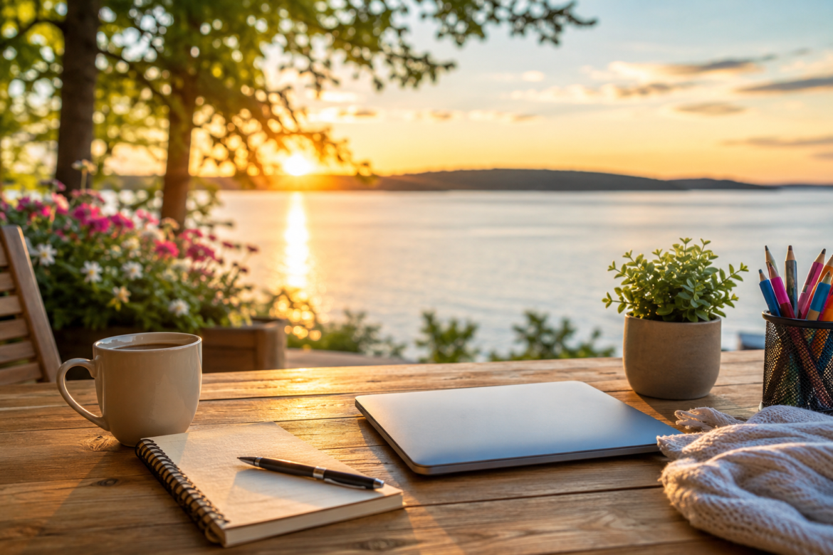 Outdoor wooden desk by a lake at sunset with a laptop, notebook, mug, and potted plant on the table.