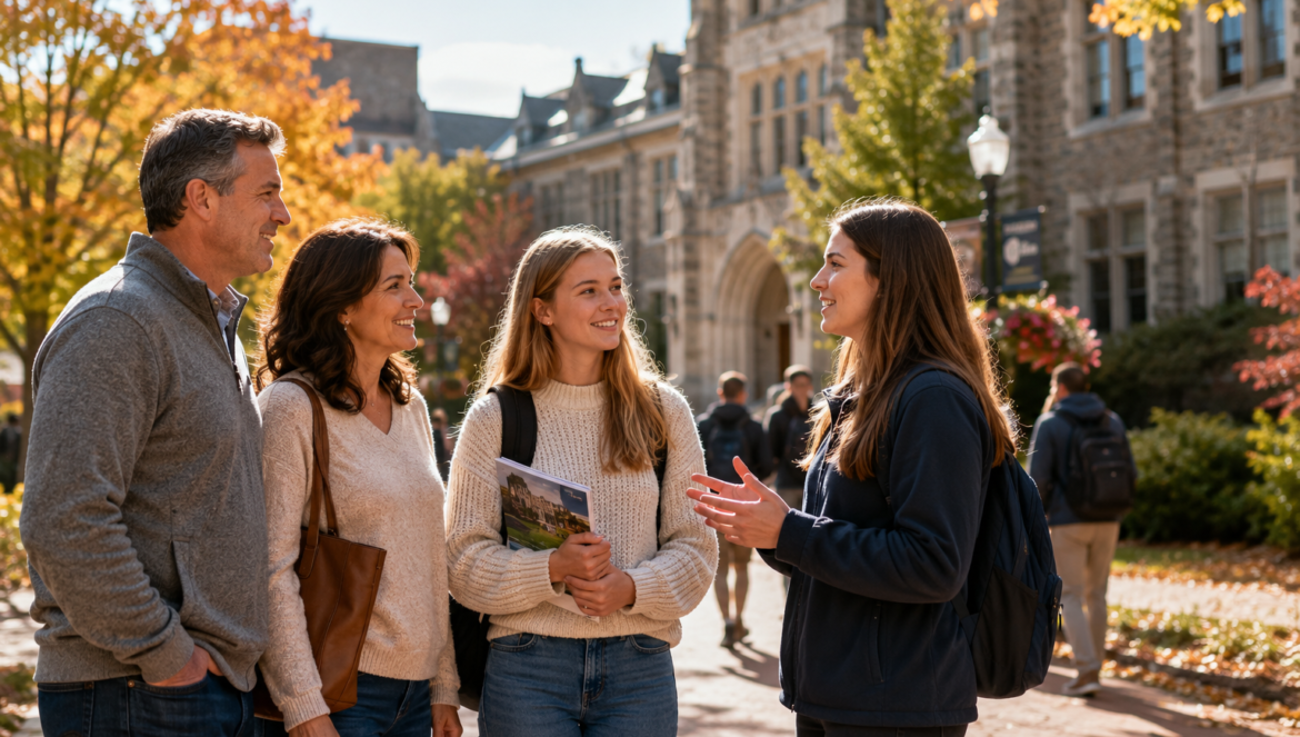 Group of four students chatting on a college campus in autumn with colorful trees and stone buildings in the background smiling