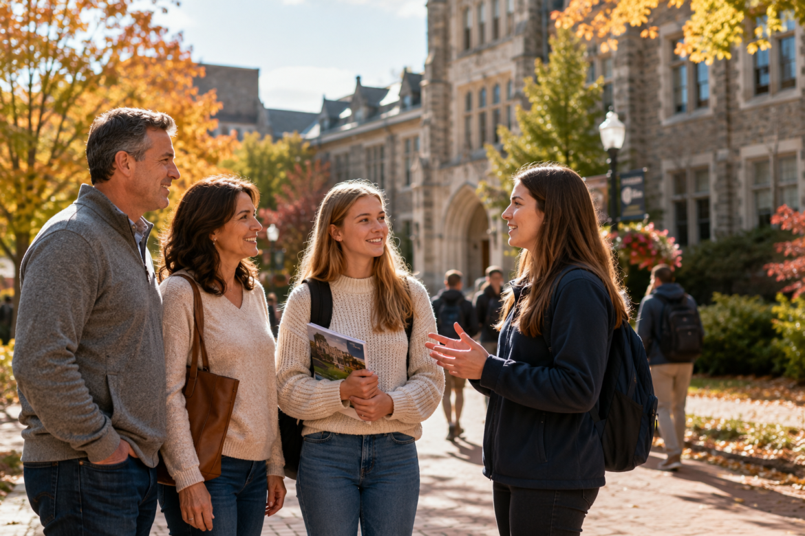 Group of four students chatting on a college campus in autumn, with colorful trees and stone buildings in the background, smiling.