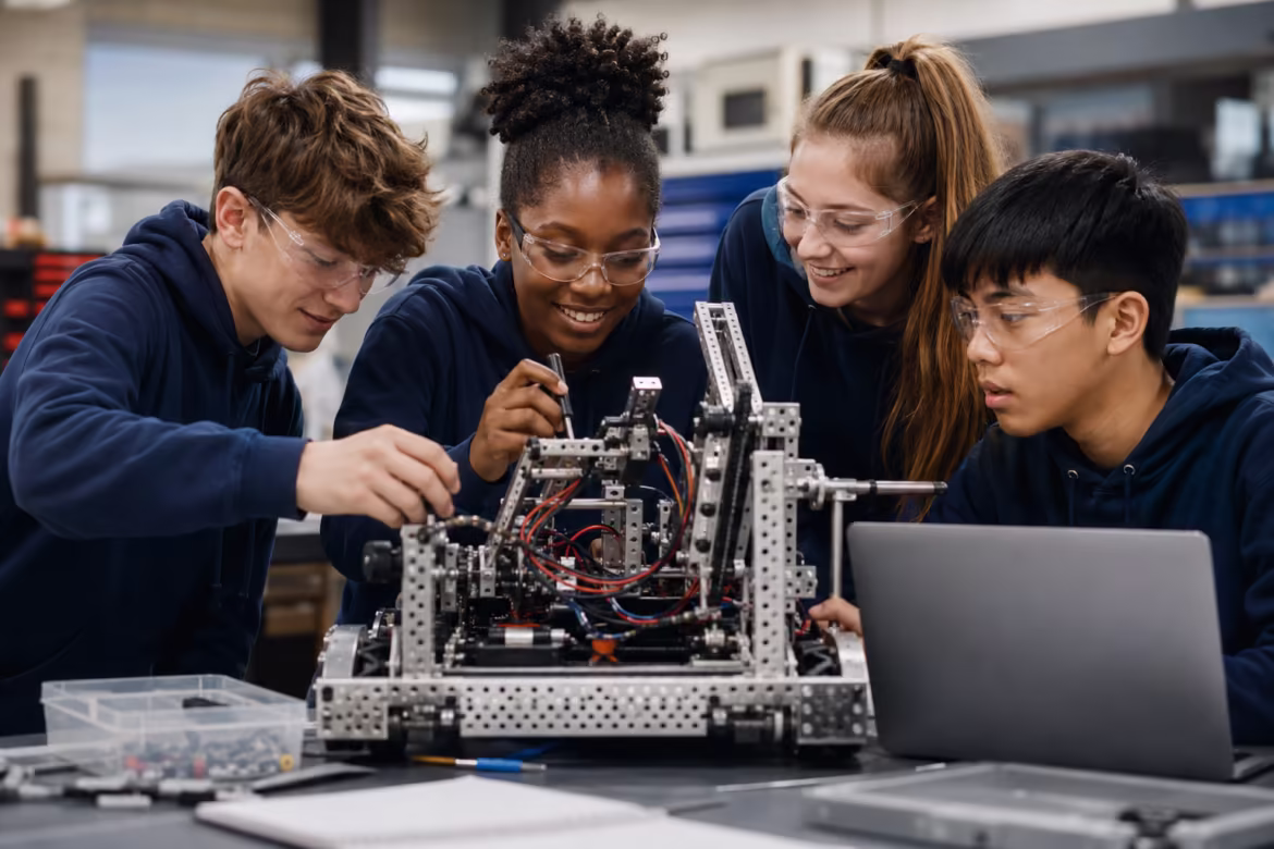 Four students wearing safety goggles assemble a metal robotics chassis with wires in a workshop, a laptop nearby on the table of a labbench.