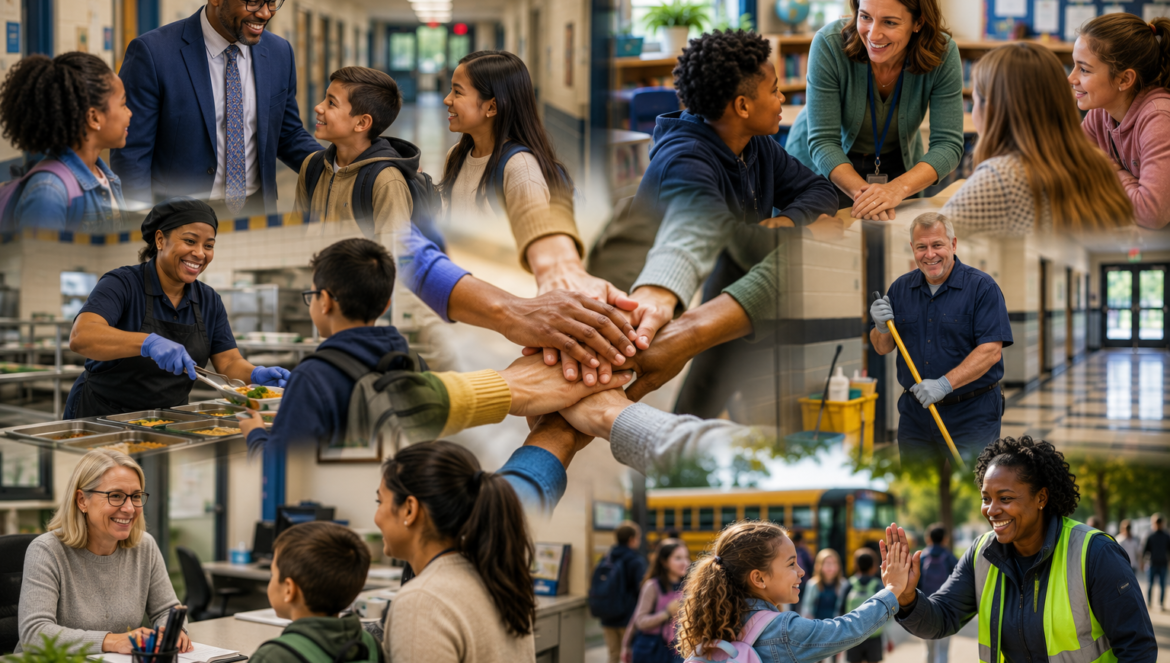 Diverse students and staff join hands in a show of teamwork across a school with scenes of hallway cafeteria and service workers in action