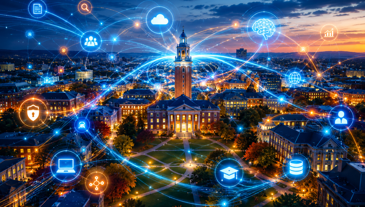 Night aerial view of a campus with a central tower and glowing interlinked icons representing a smart city network informative