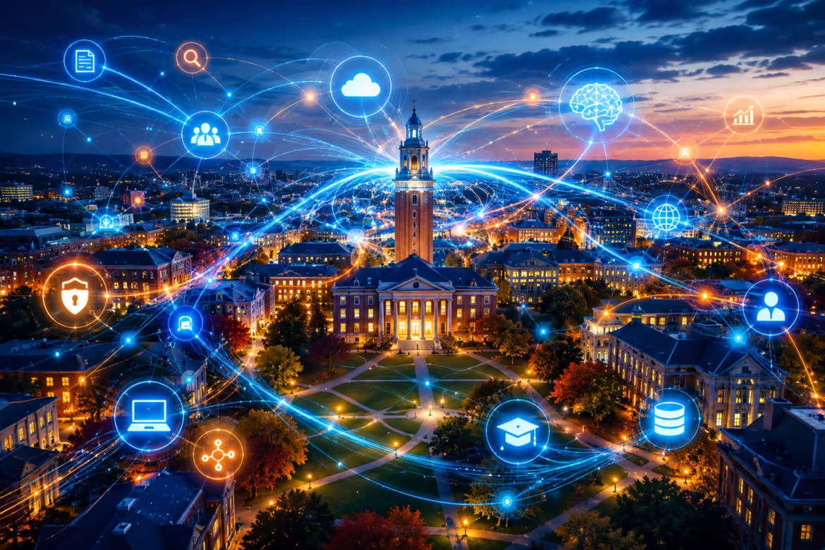 Night aerial view of a campus with a central tower and glowing interlinked icons representing a smart city network. (Informative)