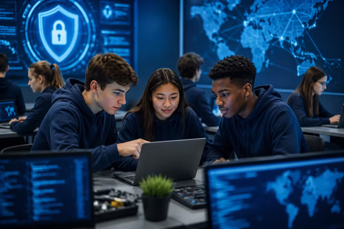 Three students collaborate on a laptop in a blue-lit cybersecurity classroom with a world map display in the background.