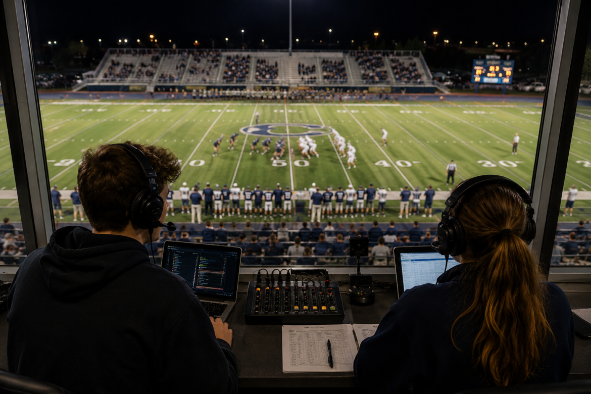 Two sports commentators wearing headsets in a broadcast booth overlook a nighttime football game on a lit field.
