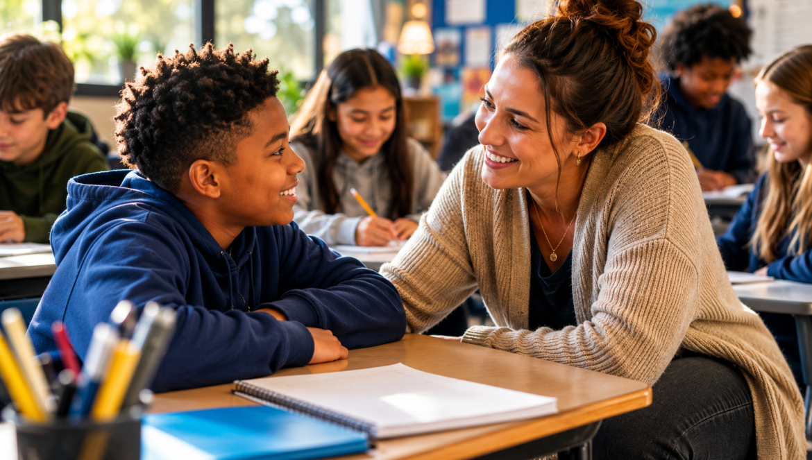 Teacher smiles and talks with a student at a desk in a bright classroom