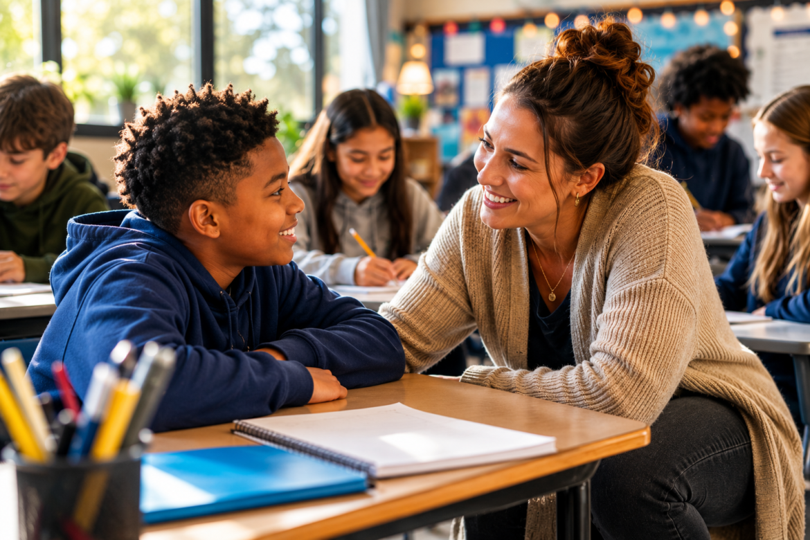 Teacher smiles and talks with a student at a desk in a bright classroom