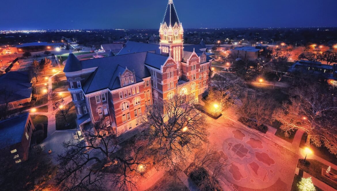 Stunning aerial night view of an illuminated university tower in Wichi | edCircuit Stunning aerial night view of an illuminated university tower in Wichi