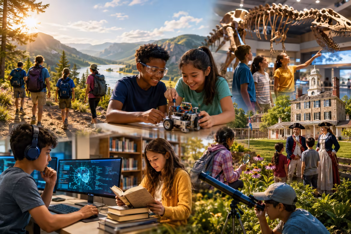 Collage of students learning science: hiking in mountains, building a robot, reading, stargazing, and a museum with a dinosaur skeleton.