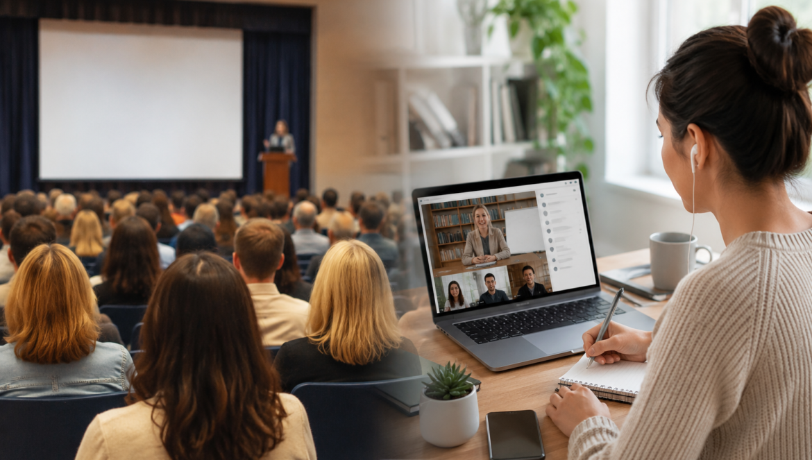 Hybrid meeting large lecture hall audience with a speaker on stage while a person at a desk participates via video call on a laptop and takes notes with a notebook