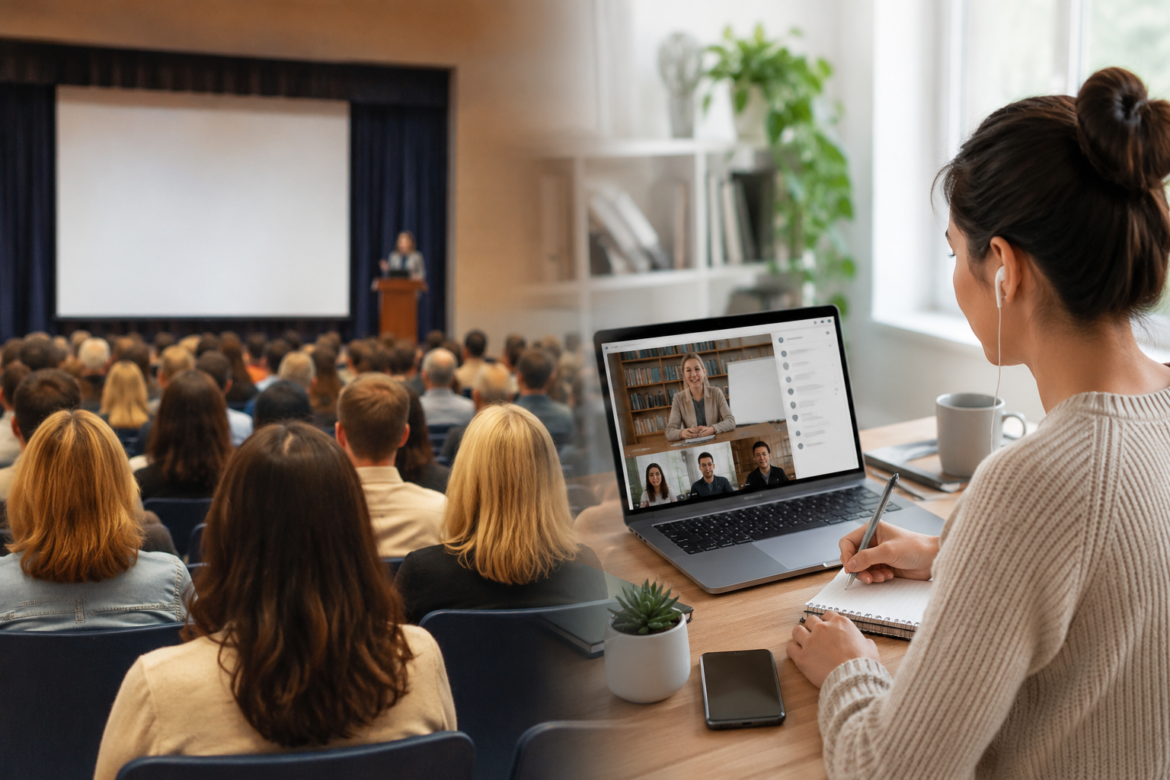 Hybrid meeting: large lecture hall audience with a speaker on stage, while a person at a desk participates via video call on a laptop and takes notes with a notebook.