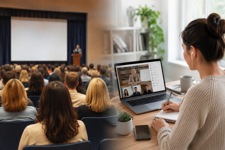 Hybrid meeting: large lecture hall audience with a speaker on stage, while a person at a desk participates via video call on a laptop and takes notes with a notebook.