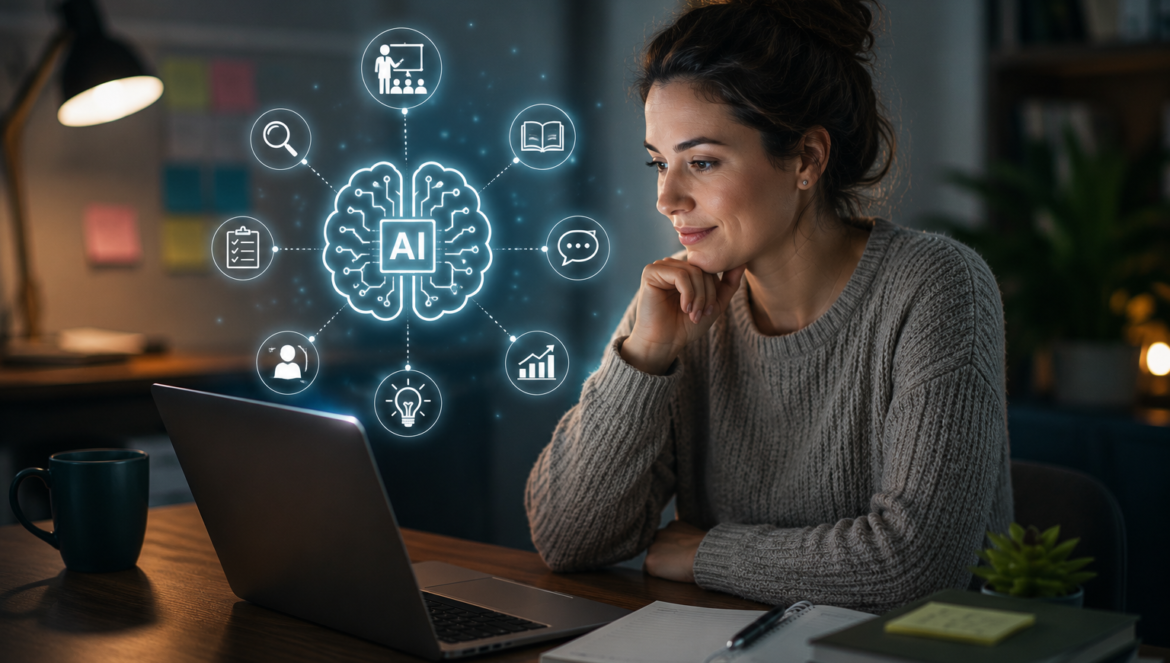 Woman sits at a laptop glancing thoughtfully with a glowing ai brain diagram and connected icons illustrating learning chat data and research