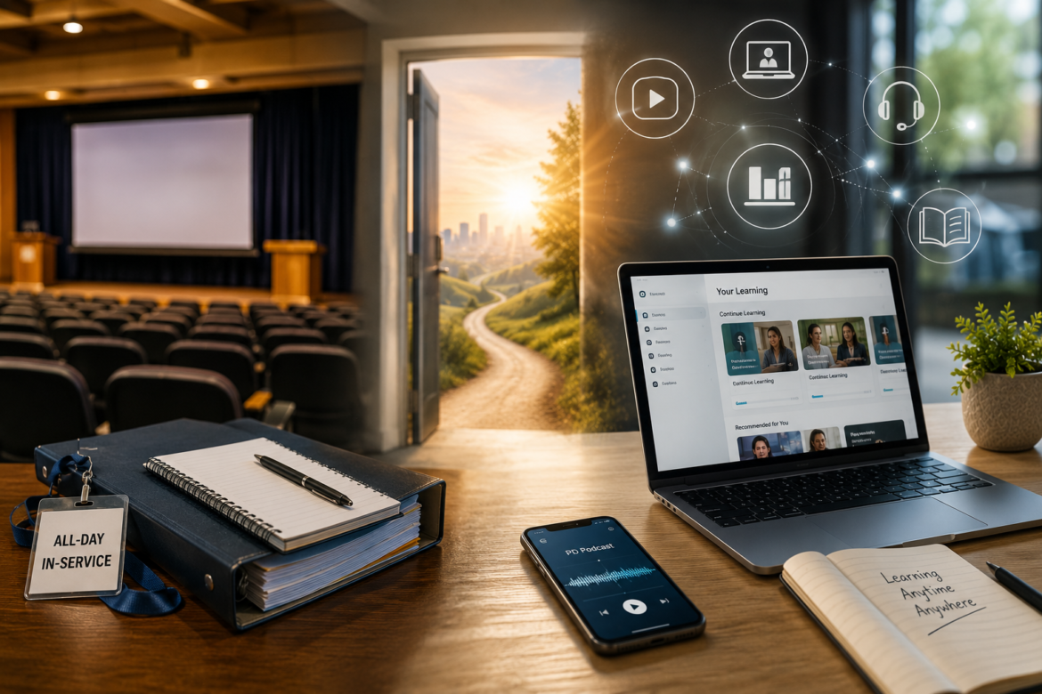 Training room setup: open laptop showing an online learning platform, smartphone playing a podcast, notebook with 'Learning Anytime Anywhere', binder and badge reading 'All-Day In-Service' on a wooden desk with an auditorium in the background.