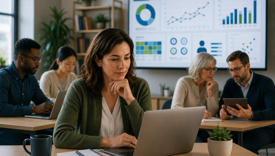 A woman in a green cardigan sits at a desk with a laptop while a team collaborates a large monitor shows charts and dashboards in the background at a meeting room