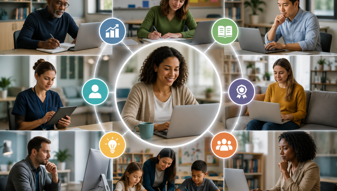 A collage of diverse people working on laptops and notebooks around a central smiling woman connected by circular icons representing teamwork and learning charts books user badge idea group