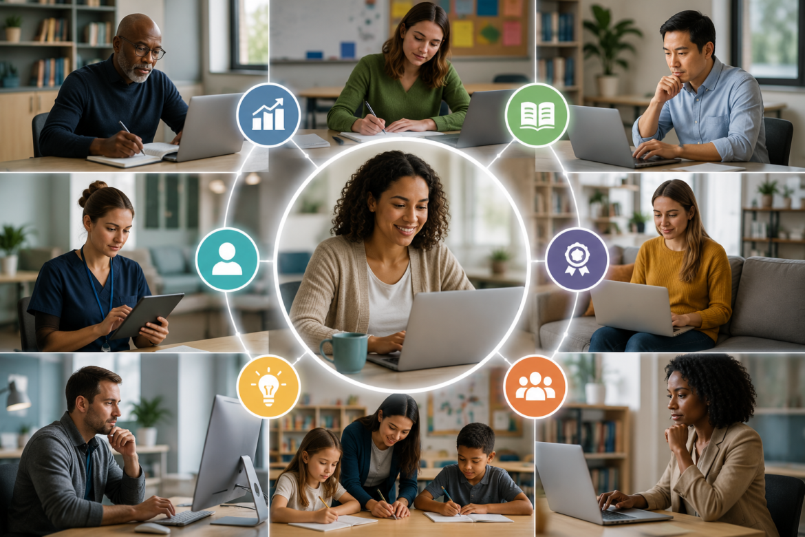 A collage of diverse people working on laptops and notebooks around a central smiling woman, connected by circular icons representing teamwork and learning (charts, books, user, badge, idea, group).