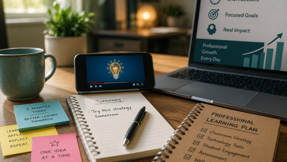 Teacher inservice meets microlearning | edcircuit Desk setup for learning notebook colorful sticky notes smartphone playing a video mug and a laptop with a growth chart slide in the background