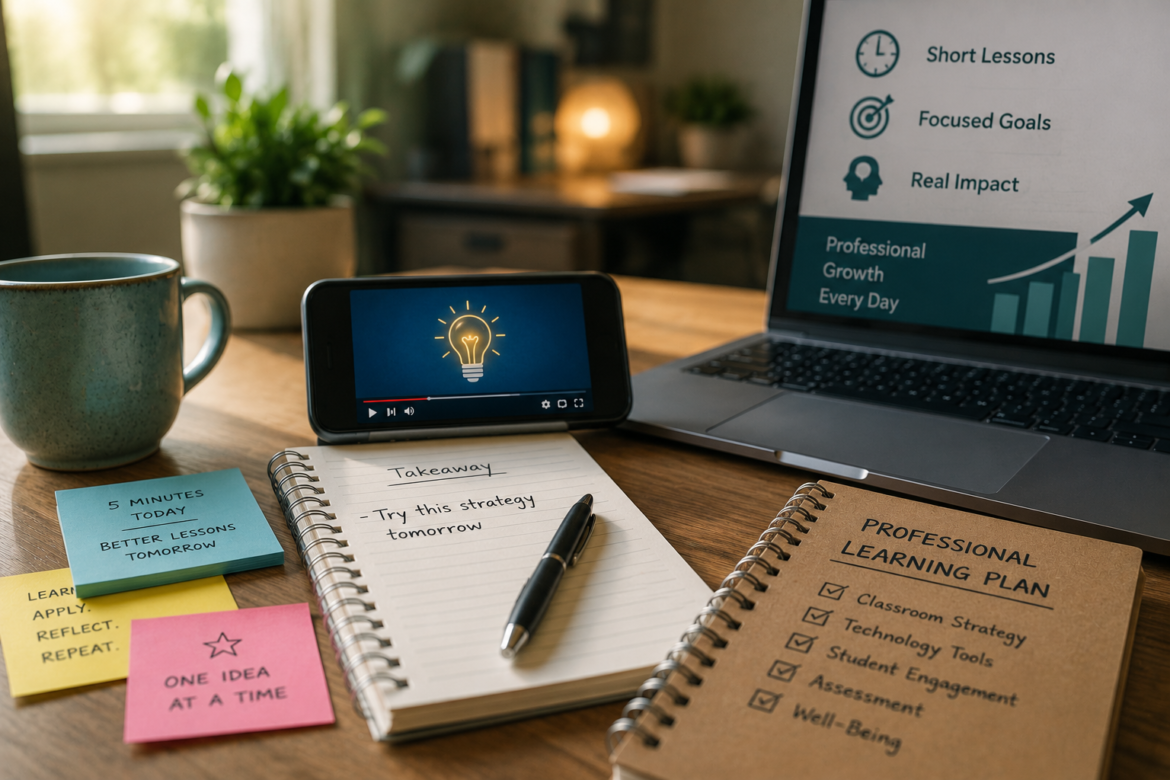 Desk setup for learning: notebook, colorful sticky notes, smartphone playing a video, mug, and a laptop with a growth chart slide in the background.