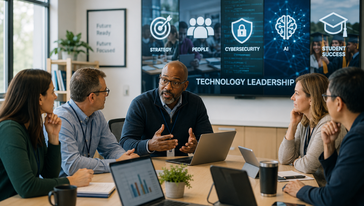 Technology leadership | edcircuit A diverse team in a conference room listening to a speaker with a large screen behind them labeled technology leadership and icons for strategy people cybersecurity ai and student success