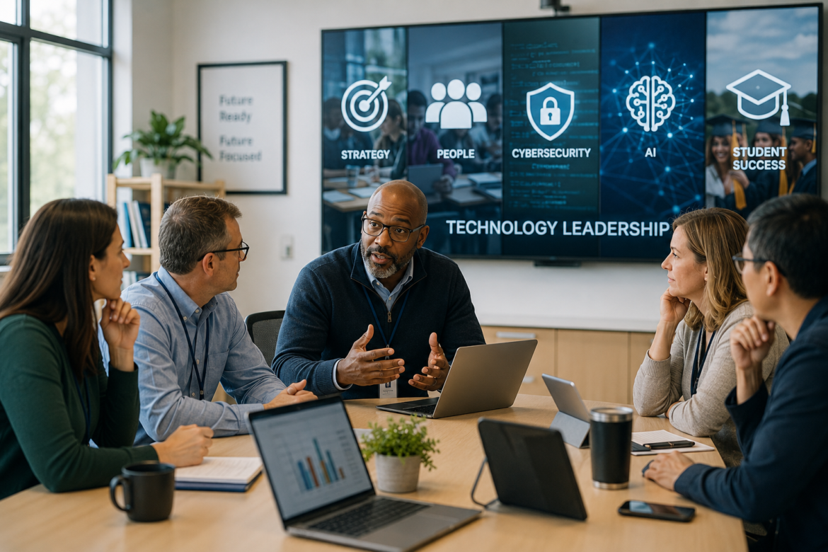 A diverse team in a conference room listening to a speaker, with a large screen behind them labeled 'Technology Leadership' and icons for Strategy, People, Cybersecurity, AI, and Student Success.