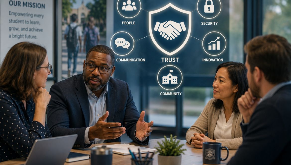 Team of four in a business meeting with a central Trust shield | edCircuit Team of four in a business meeting with a central Trust shield diagram on a glass wall behind them