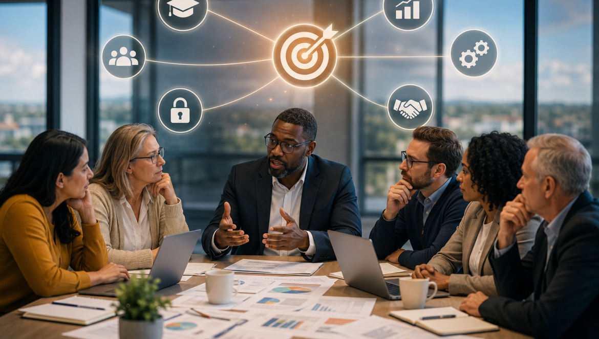 Technology strategy | edcircuit Diverse team around a conference table discussing strategy with a glowing central target and connected goal icons