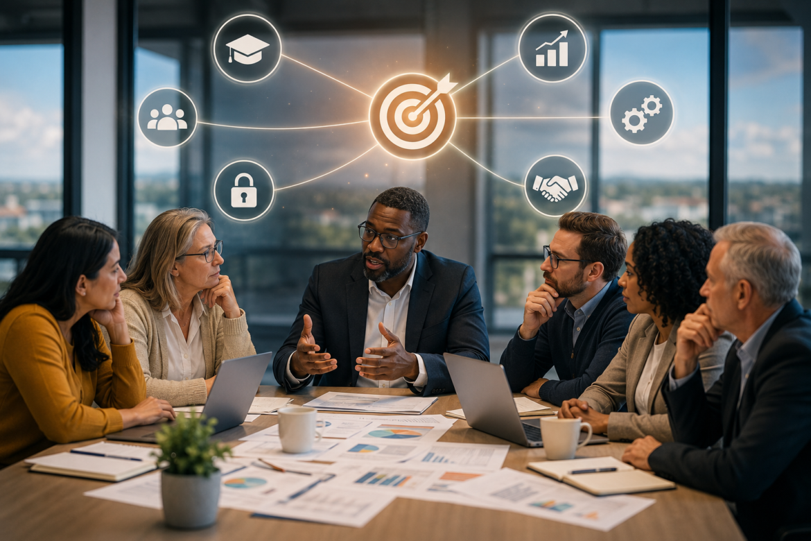 Diverse team around a conference table discussing strategy, with a glowing central target and connected goal icons.