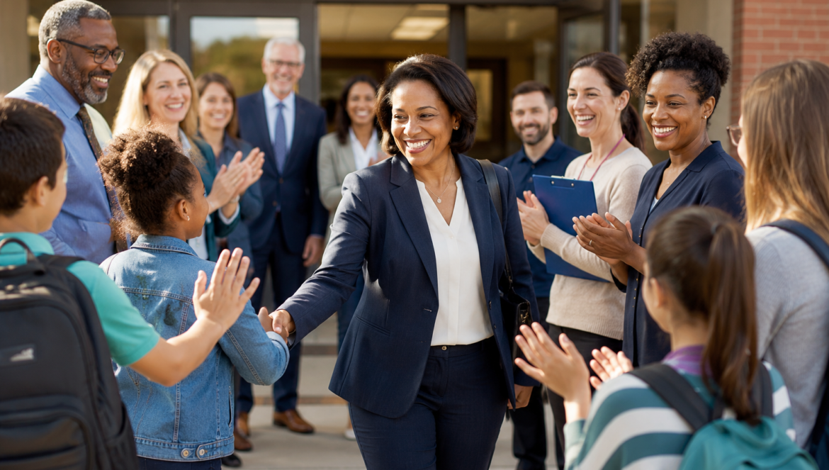 Professional woman in a navy suit shakes hands with a student as a diverse group applauds outside a building entrance