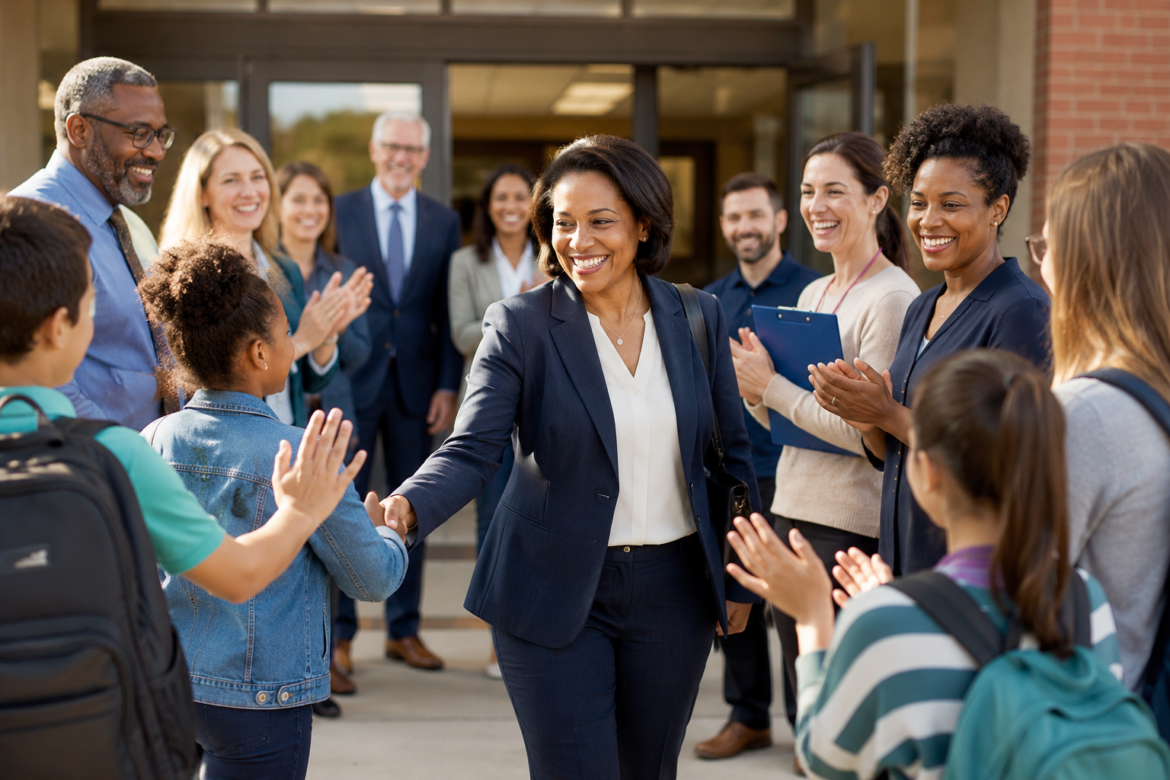Professional woman in a navy suit shakes hands with a student as a diverse group applauds outside a building entrance.