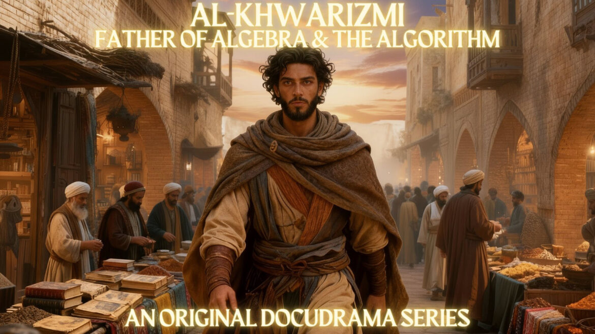 Poster for a docudrama: features a bearded man in desert market clothing, with 'AL-KHWARIZMI FATHER OF ALGEBRA & THE ALGORITHM' at the top and 'AN ORIGINAL DOCUDRAMA SERIES' at the bottom.