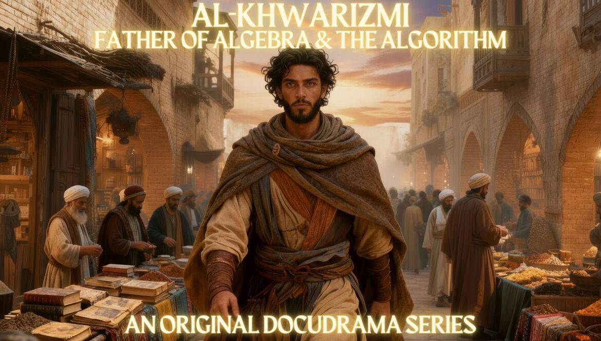 Poster for a docudrama features a bearded man in desert market clothing with al khwarizmi father of algebra  the algorithm at the top and an original docudrama series at the bottom
