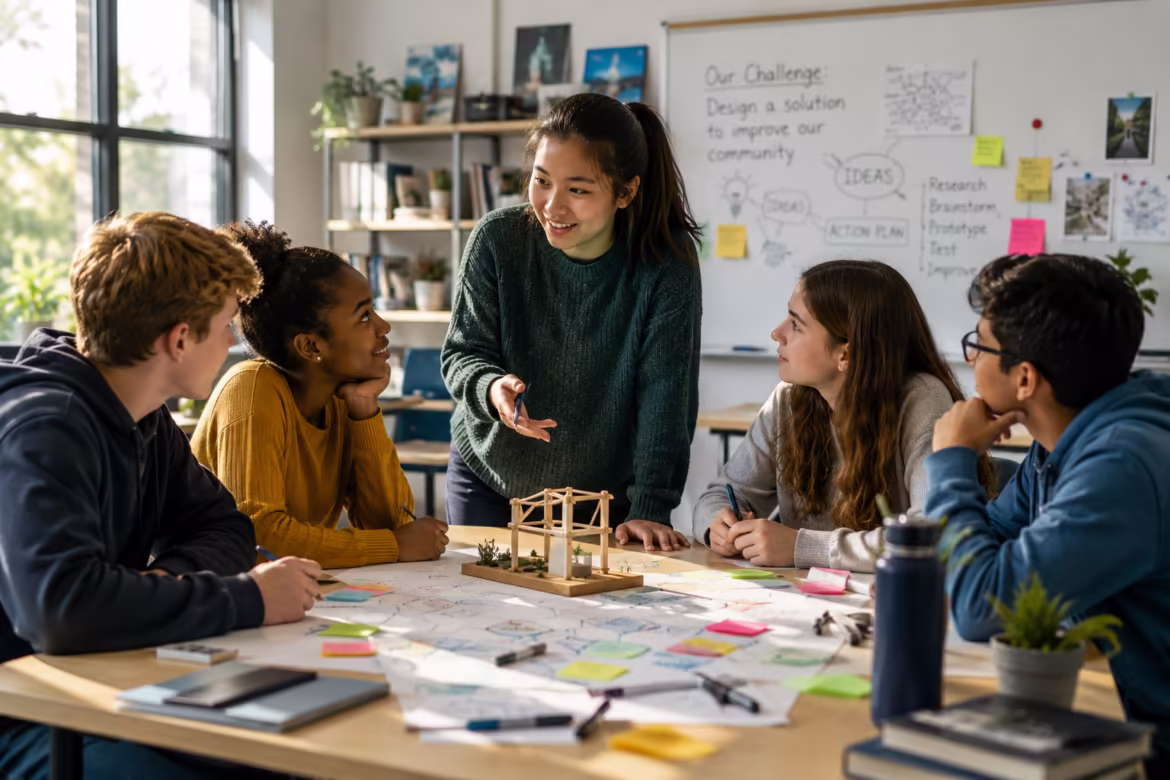 Group of students around a table as a girl in a green sweater leads a discussion, a small wooden structure model in the center.