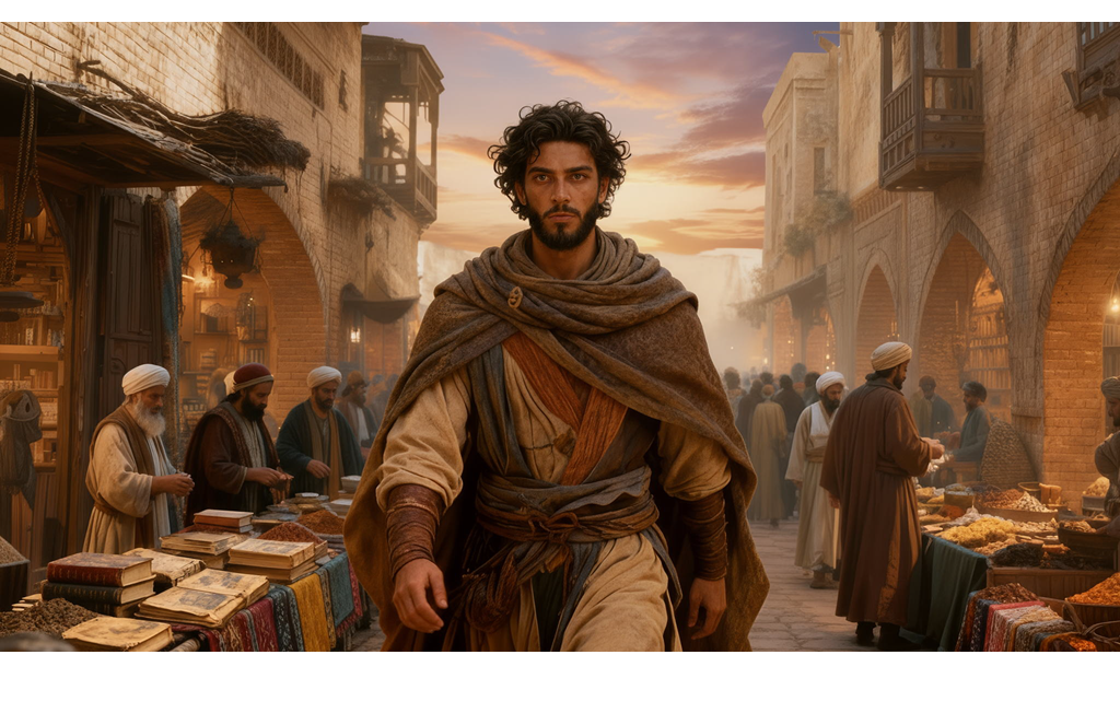 Bearded man in tan robes walks toward the camera through a busy ancient market at sunset.