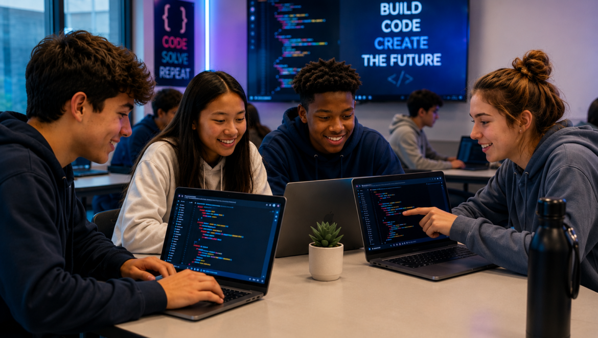 Group of four students collaborating at a table with laptops, coding together in a classroom; a large screen in the background displays code and the words 'BUILD CODE CREATE THE FUTURE'.