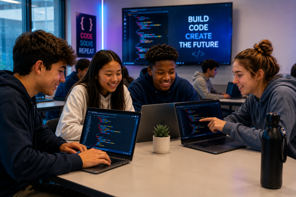 Group of four students collaborating at a table with laptops, coding together in a classroom; a large screen in the background displays code and the words 'BUILD CODE CREATE THE FUTURE'.