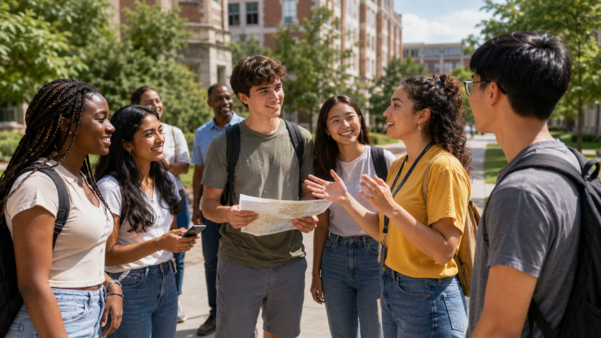 Diverse group of college students with backpacks standing outside on campus, smiling and looking at a map together.