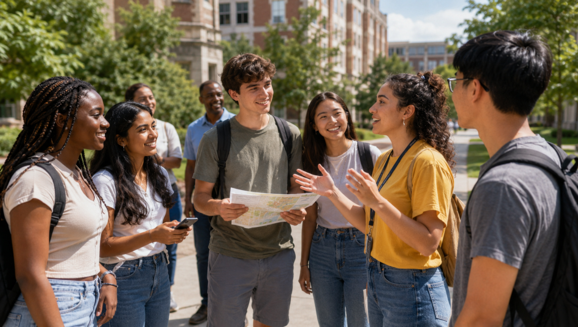 Diverse group of college students with backpacks standing outside on campus, smiling and looking at a map together.