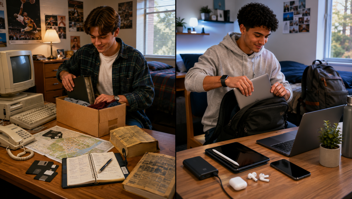 Two panel dorm room scene leftstudent sorting clothes from a box beside a vintage computer rightstudent packing a laptop into a backpack among study gear