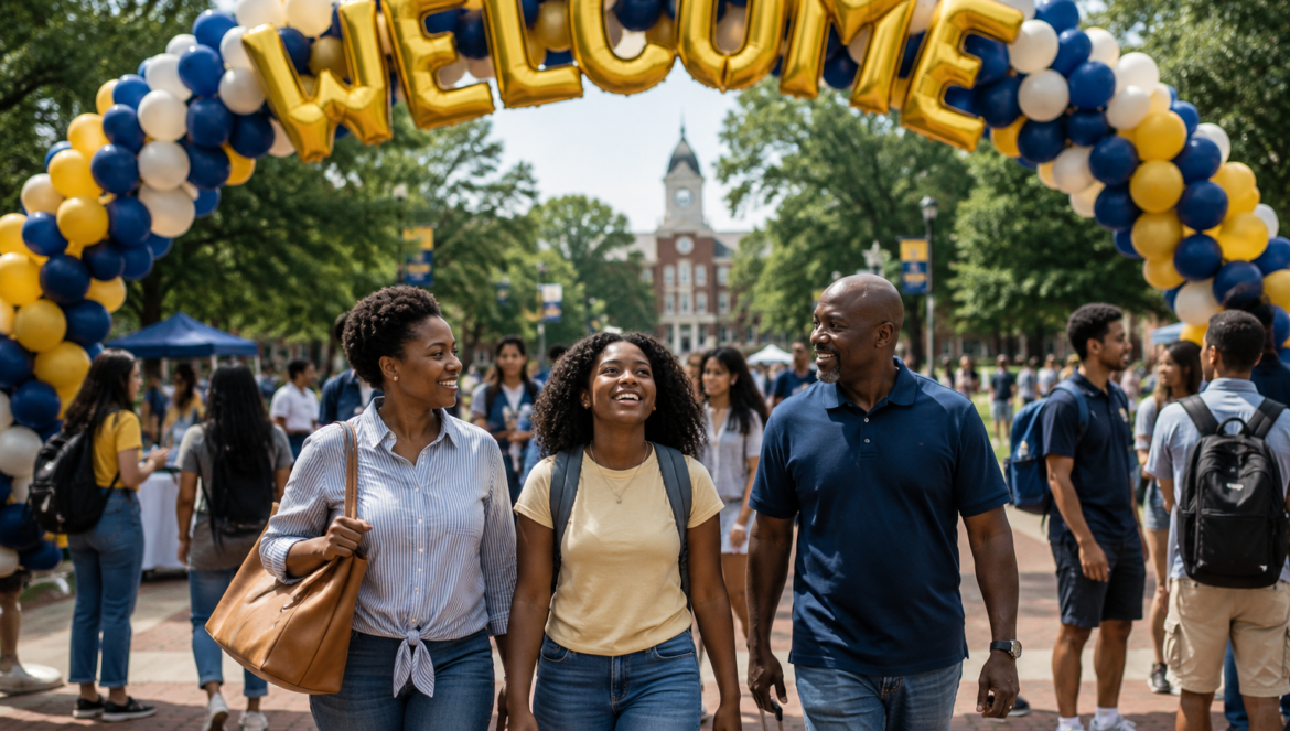 Three students smile and walk under a large gold-lettered 'WELCOME' balloon arch on a campus walkway.