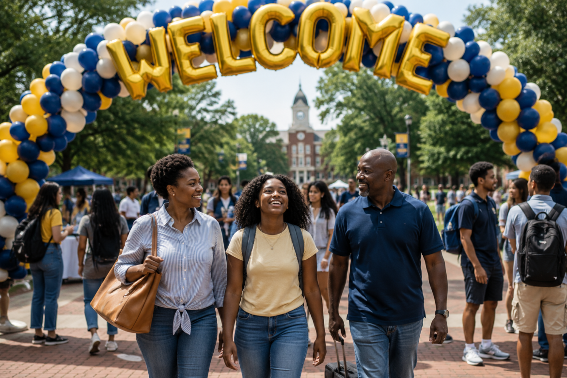 Three students smile and walk under a large gold-lettered 'WELCOME' balloon arch on a campus walkway.