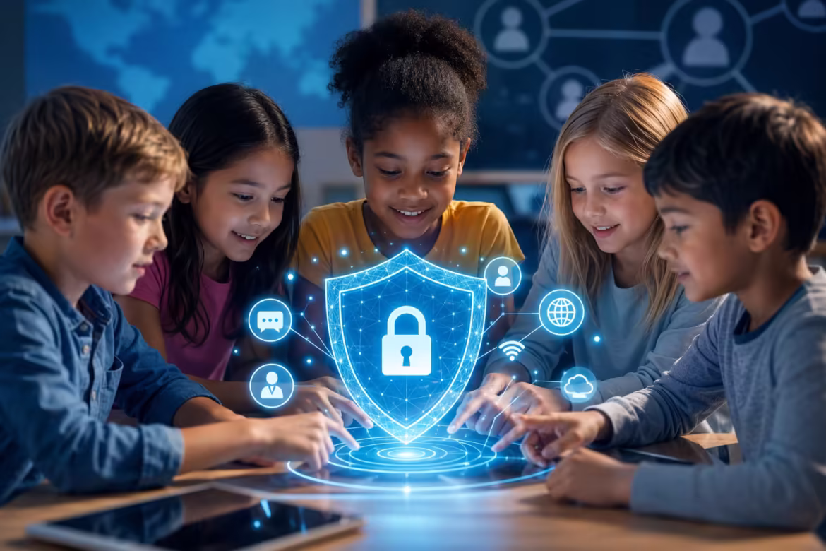 Group of diverse children gathered around a glowing holographic shield and network icons representing cybersecurity, on a table in a classroom setting.