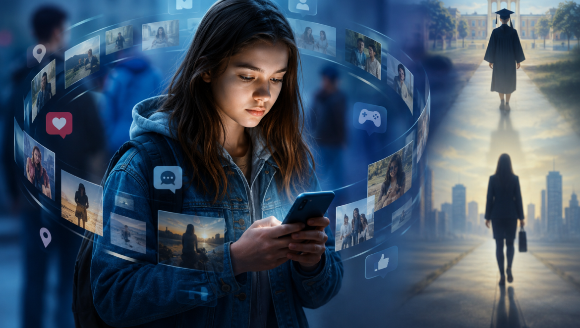 Digital footprint | edcircuit Young woman in a denim jacket looks at her phone circled by floating social media thumbnails and icons with a campus backdrop